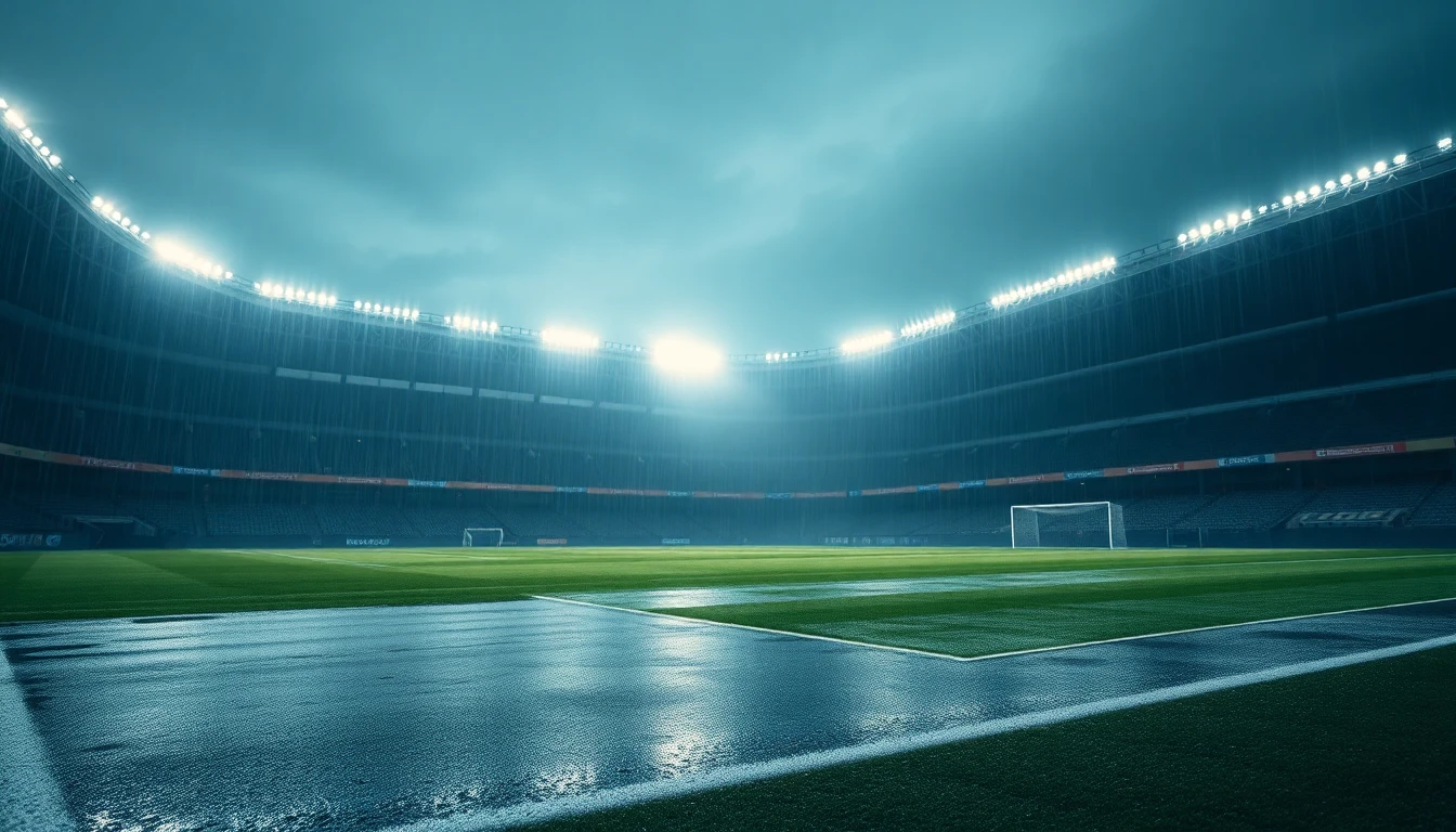 a wet football pitch under stadium lights after rain