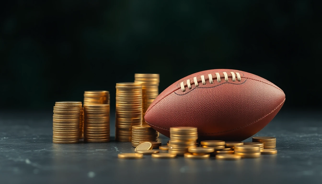 stacks of gold coins and a football on a dark slate surface