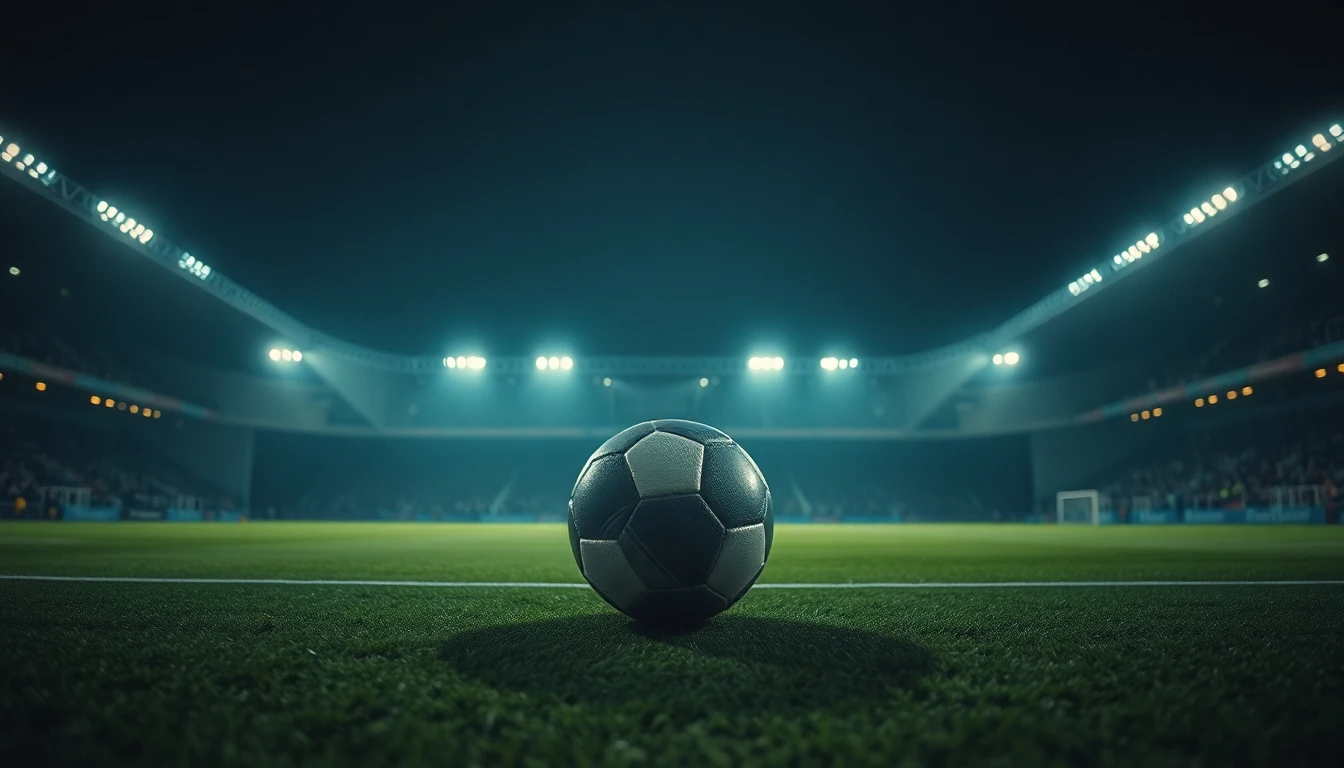 a football on a floodlit stadium pitch at night