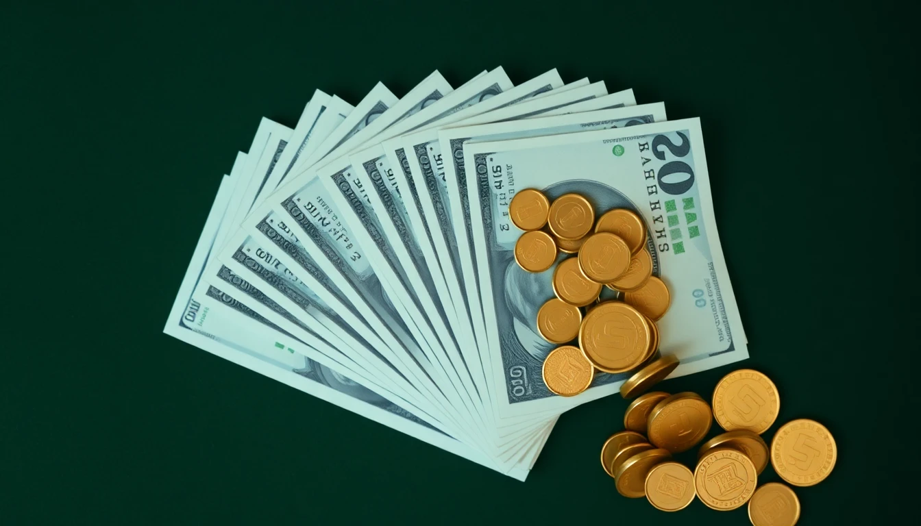a fan of cash banknotes and gold coins on a green felt surface