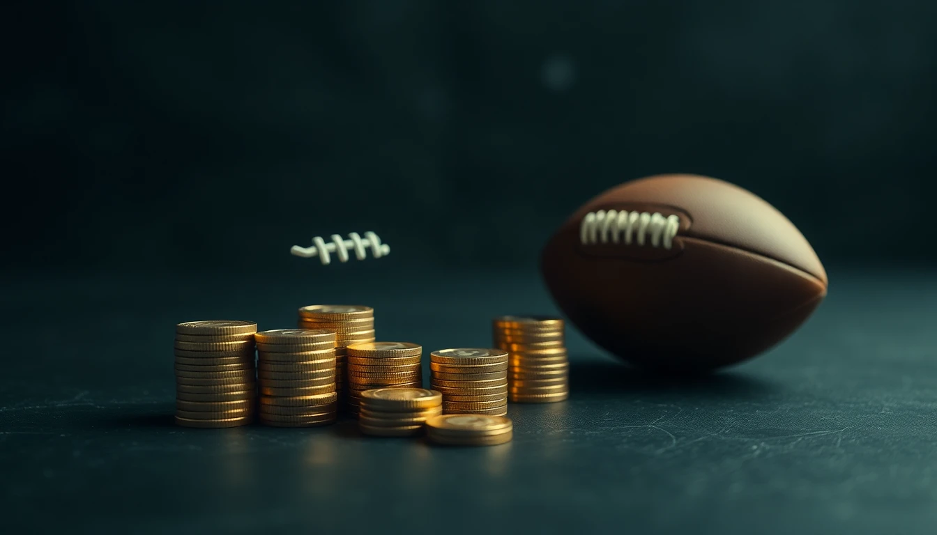 stacks of gold coins and a football on a dark slate surface