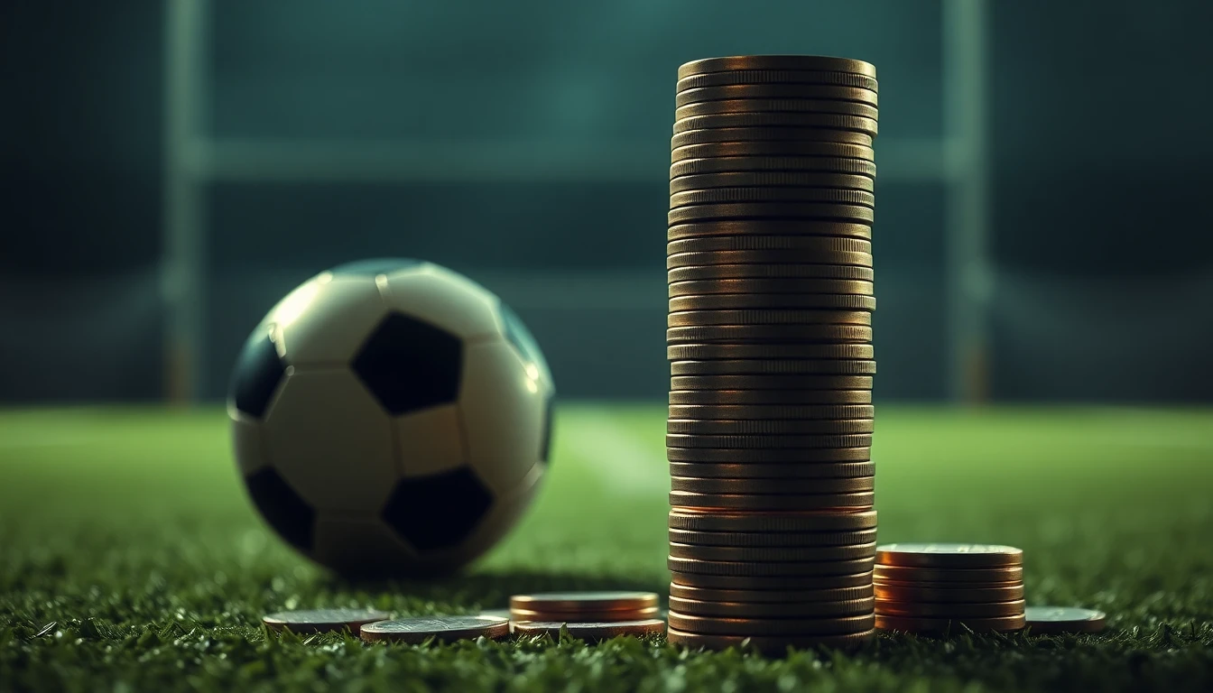 a tall stack of gold coins beside a football