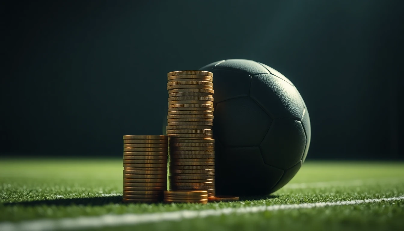 a tall stack of gold coins beside a football