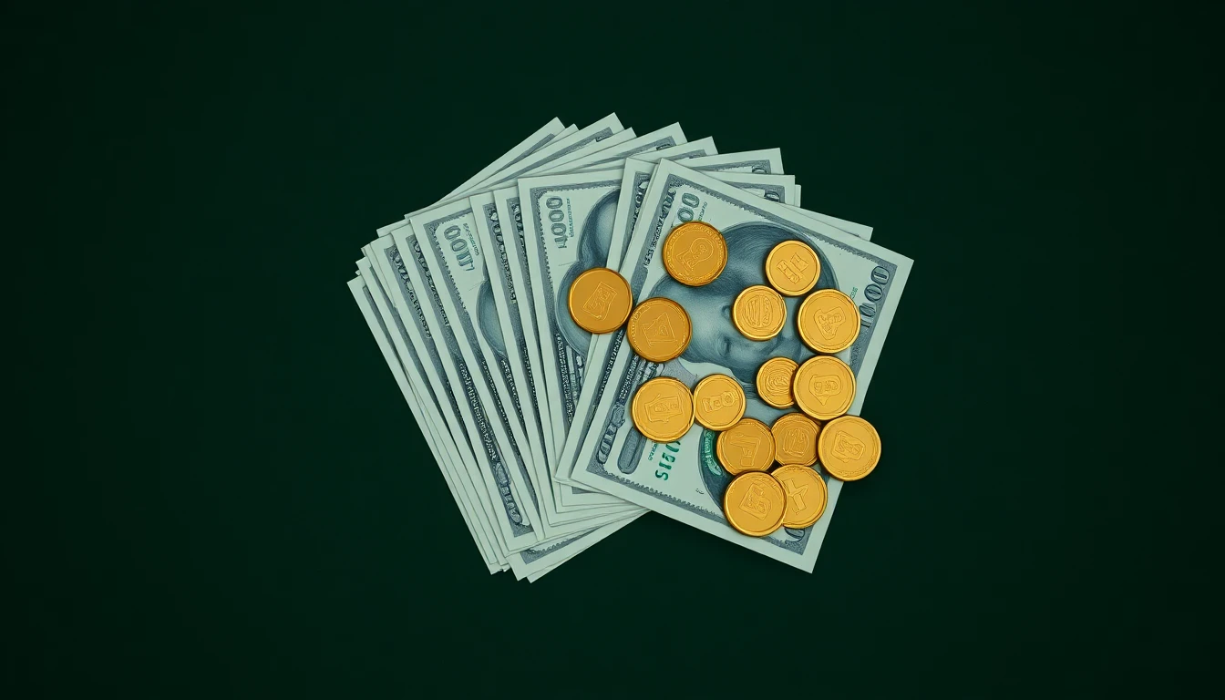 a fan of cash banknotes and gold coins on a green felt surface