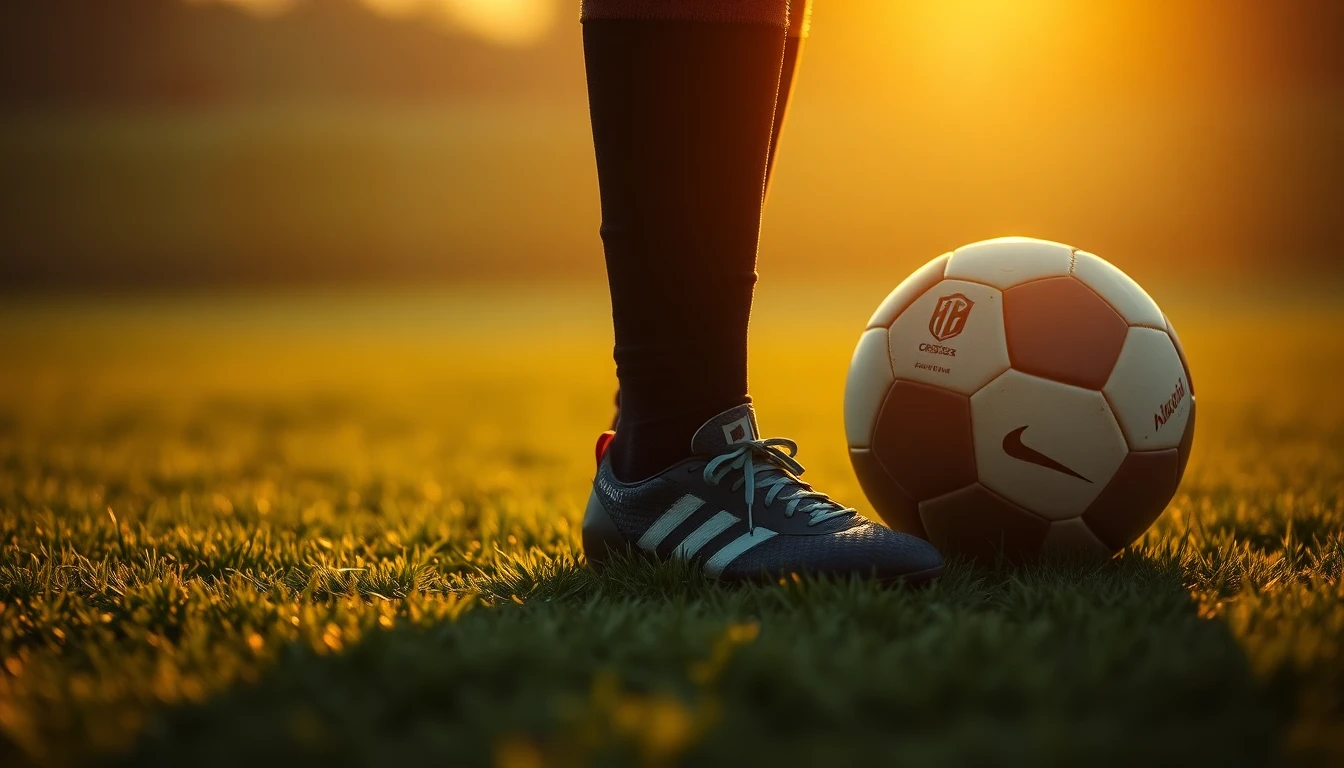 football boots and a ball on dewy green grass at golden hour