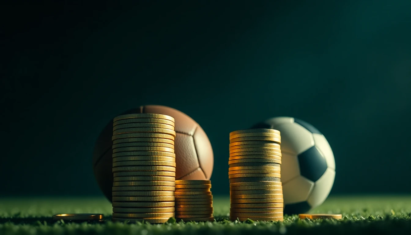 a tall stack of gold coins beside a football