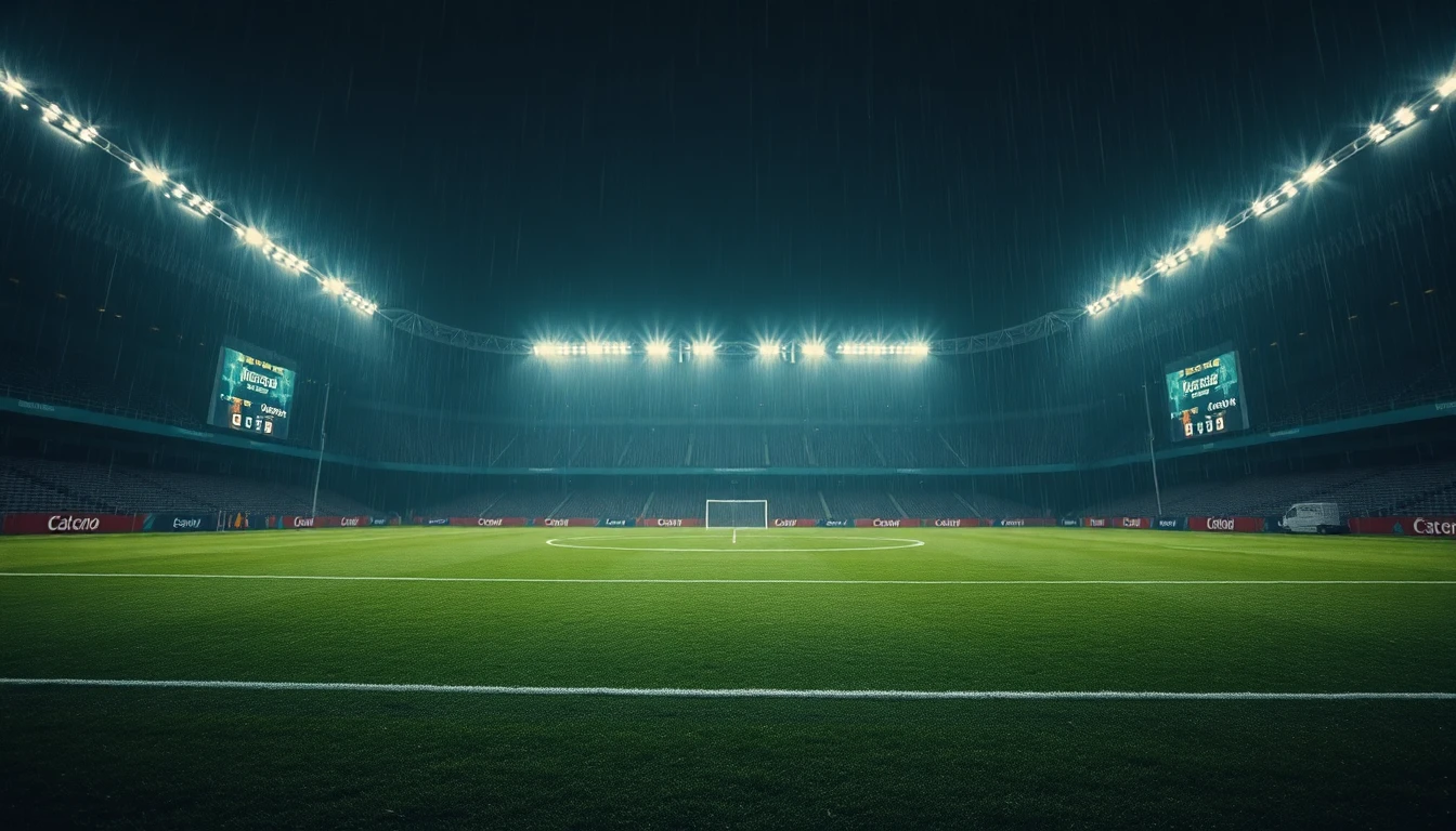 a wet football pitch under stadium lights after rain