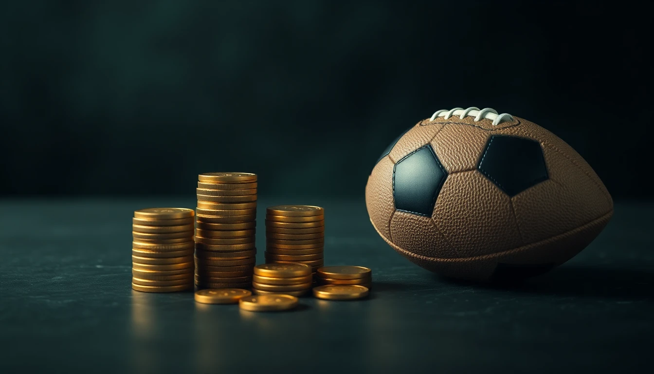stacks of gold coins and a football on a dark slate surface