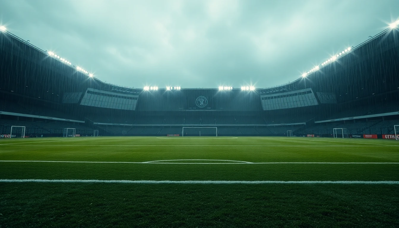 a wet football pitch under stadium lights after rain