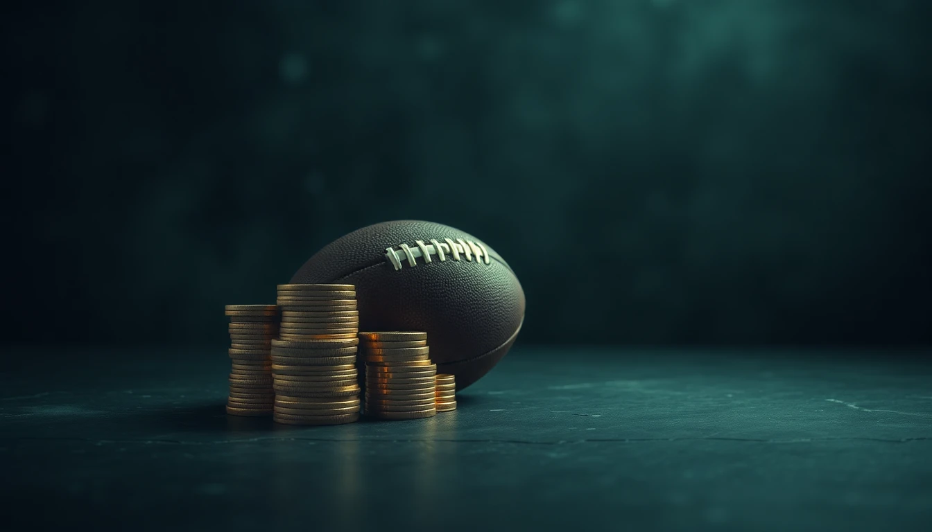 stacks of gold coins and a football on a dark slate surface