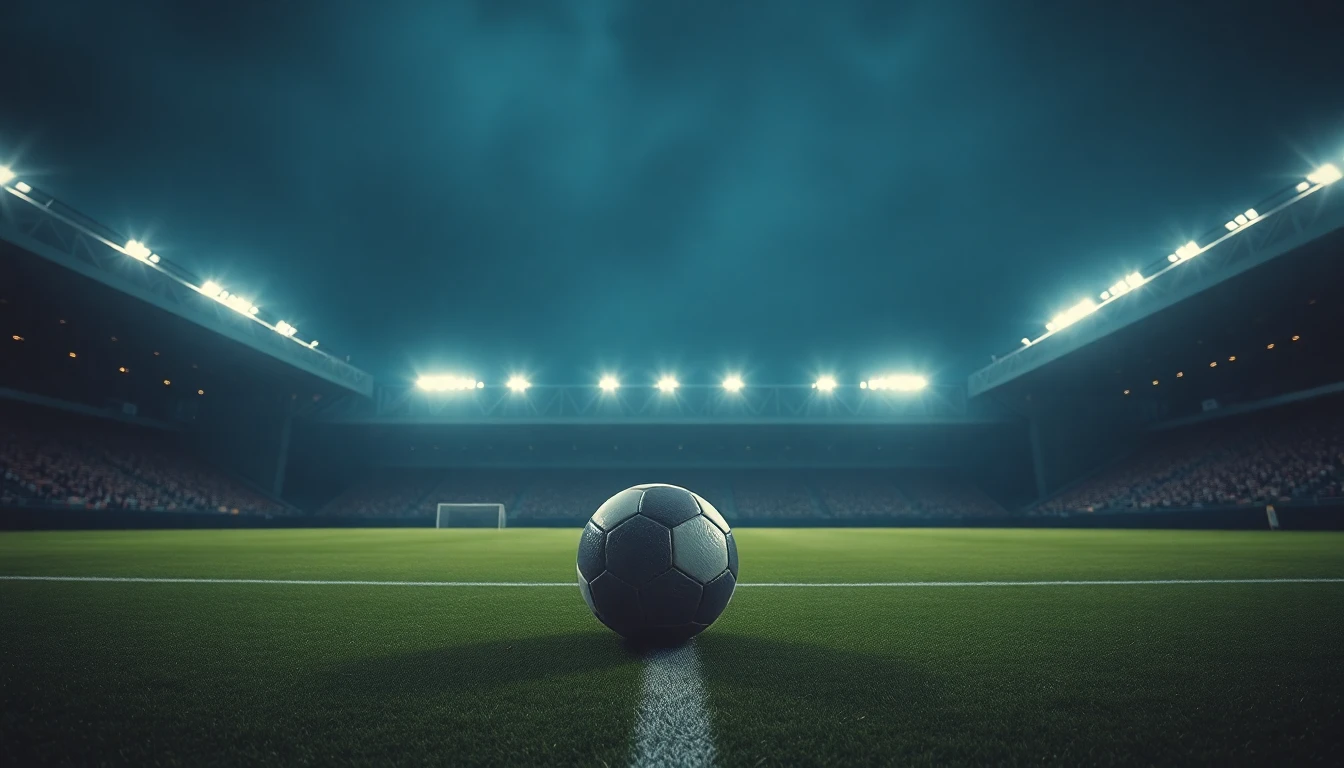 a football on a floodlit stadium pitch at night
