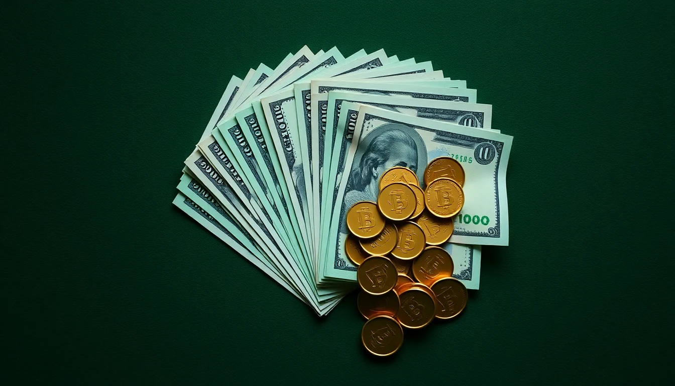 a fan of cash banknotes and gold coins on a green felt surface