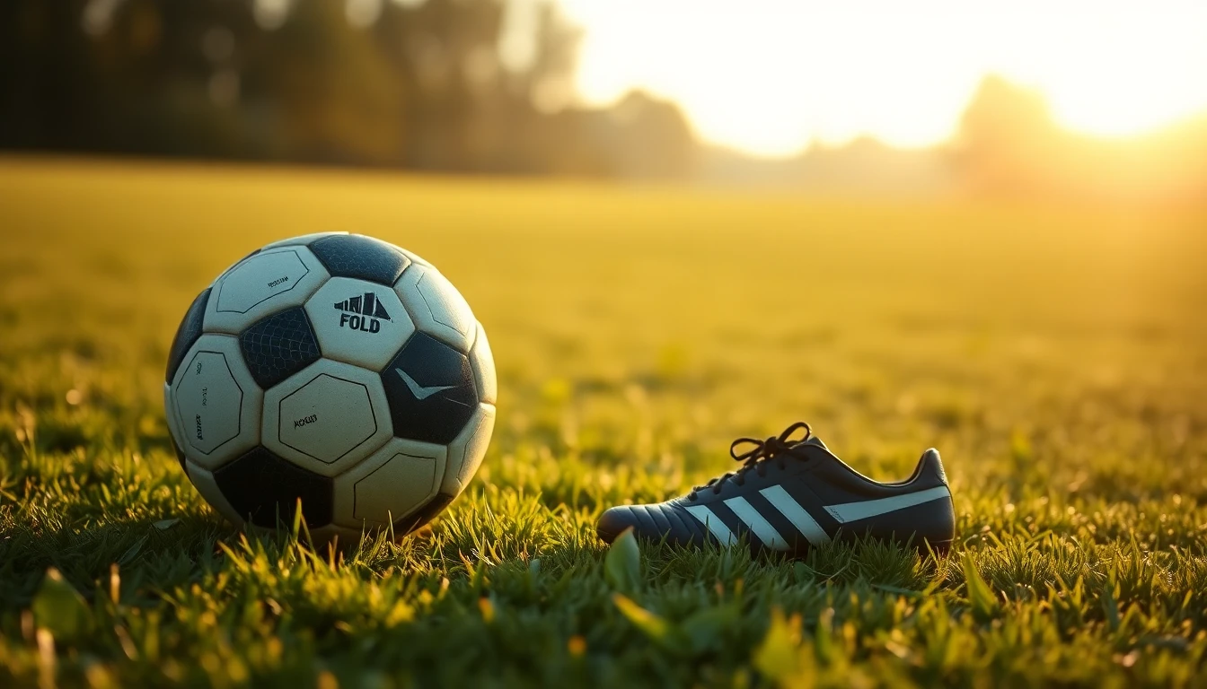 football boots and a ball on dewy green grass at golden hour