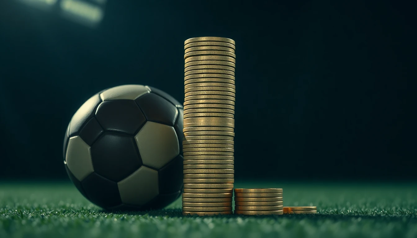 a tall stack of gold coins beside a football