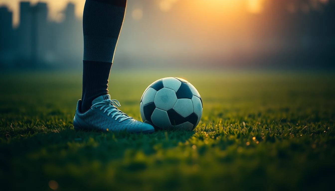 football boots and a ball on dewy green grass at golden hour