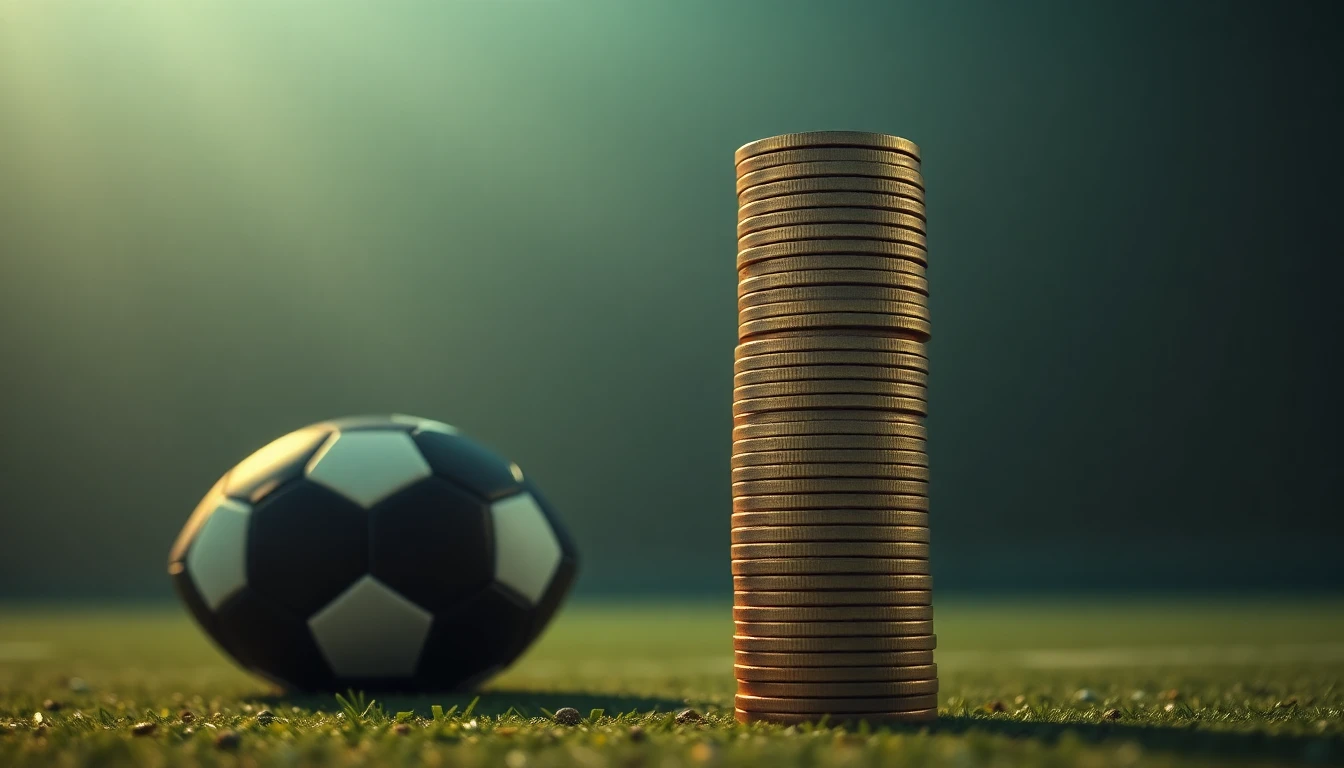 a tall stack of gold coins beside a football