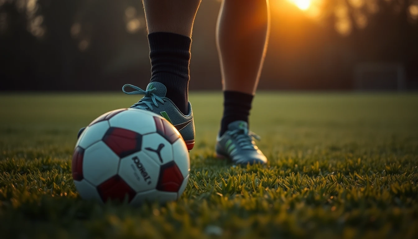 football boots and a ball on dewy green grass at golden hour