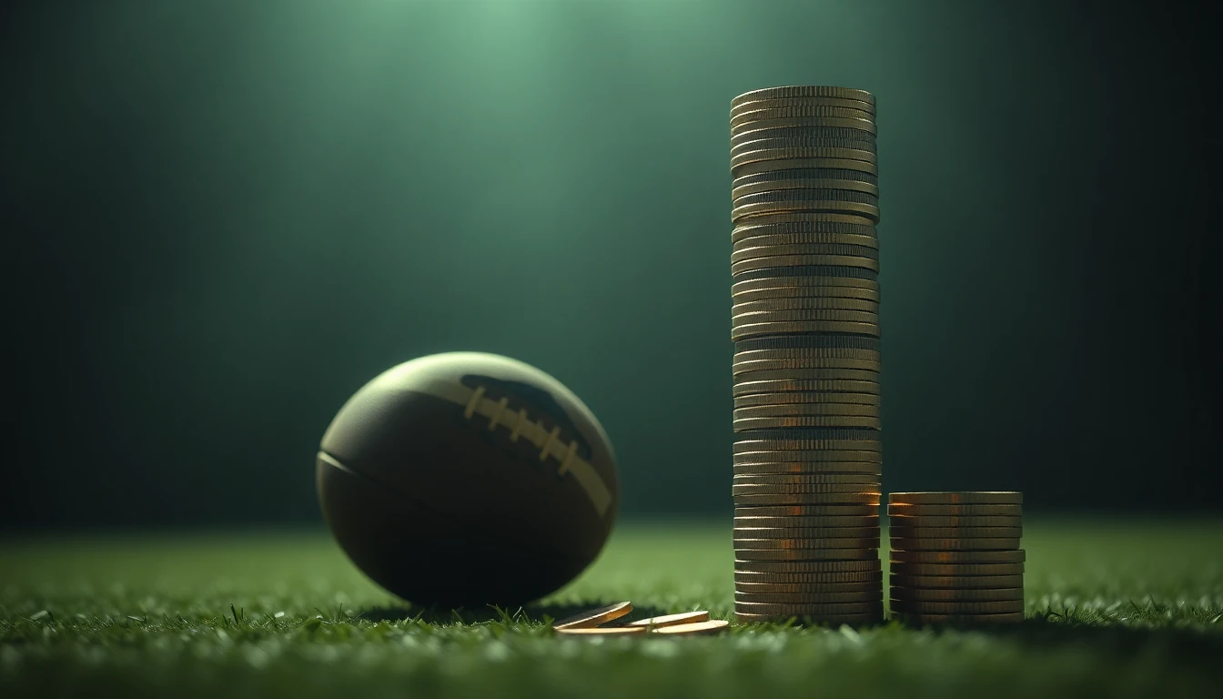 a tall stack of gold coins beside a football