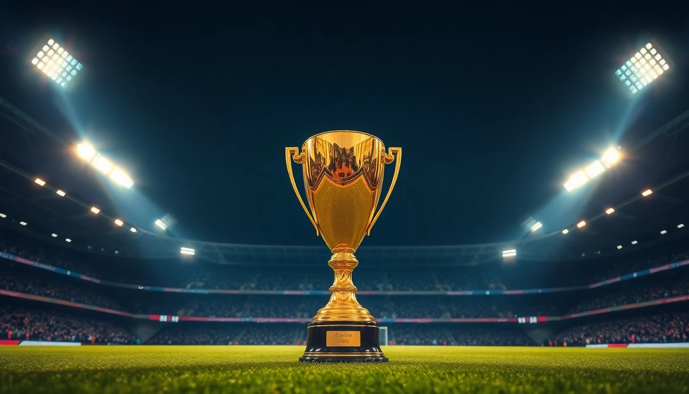 a golden trophy under stadium floodlights at night