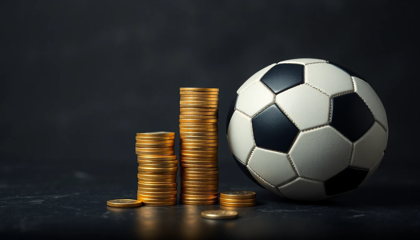 a tall stack of gold coins beside a football