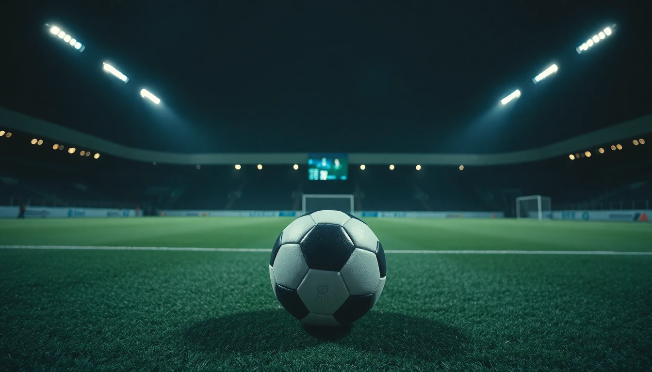 a football on a floodlit stadium pitch at night