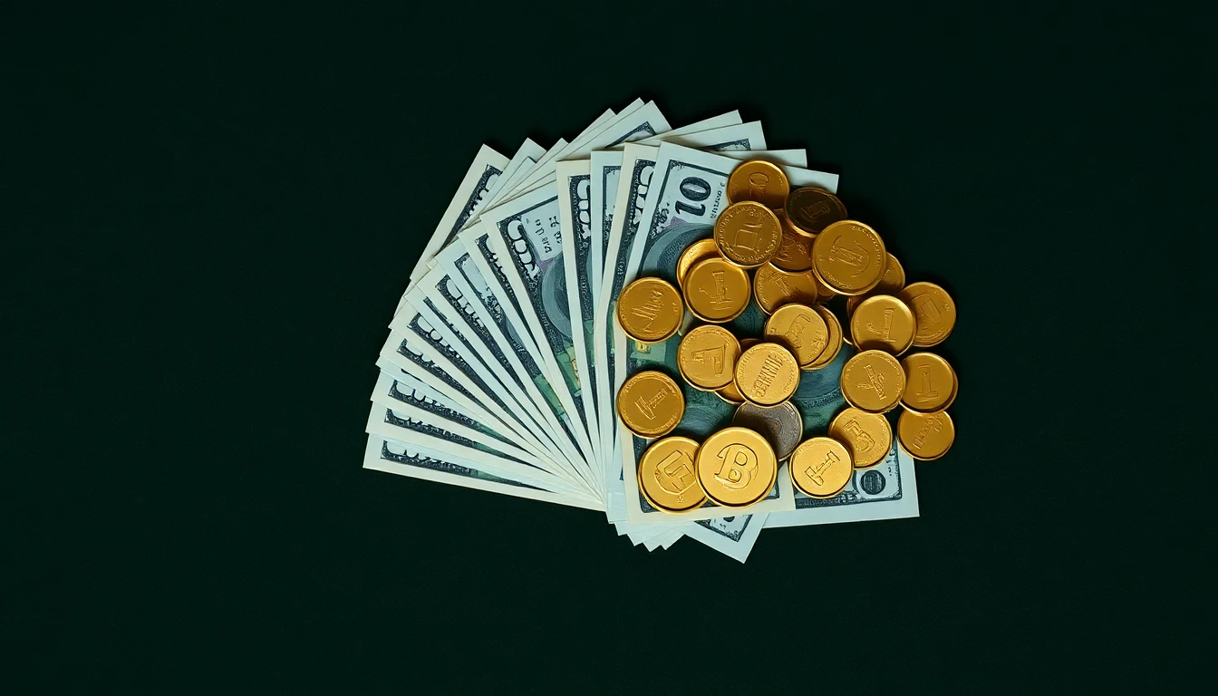 a fan of cash banknotes and gold coins on a green felt surface