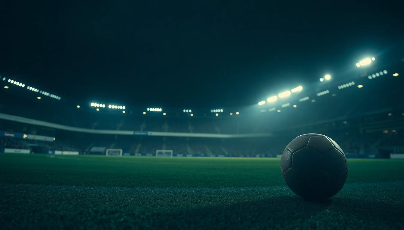 a football on a floodlit stadium pitch at night