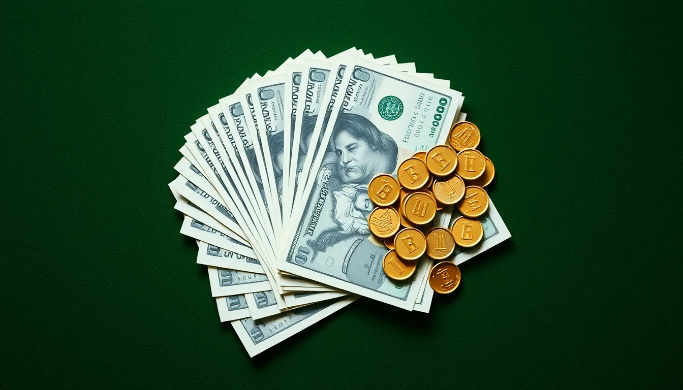 a fan of cash banknotes and gold coins on a green felt surface