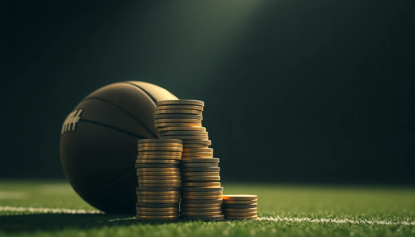 a tall stack of gold coins beside a football
