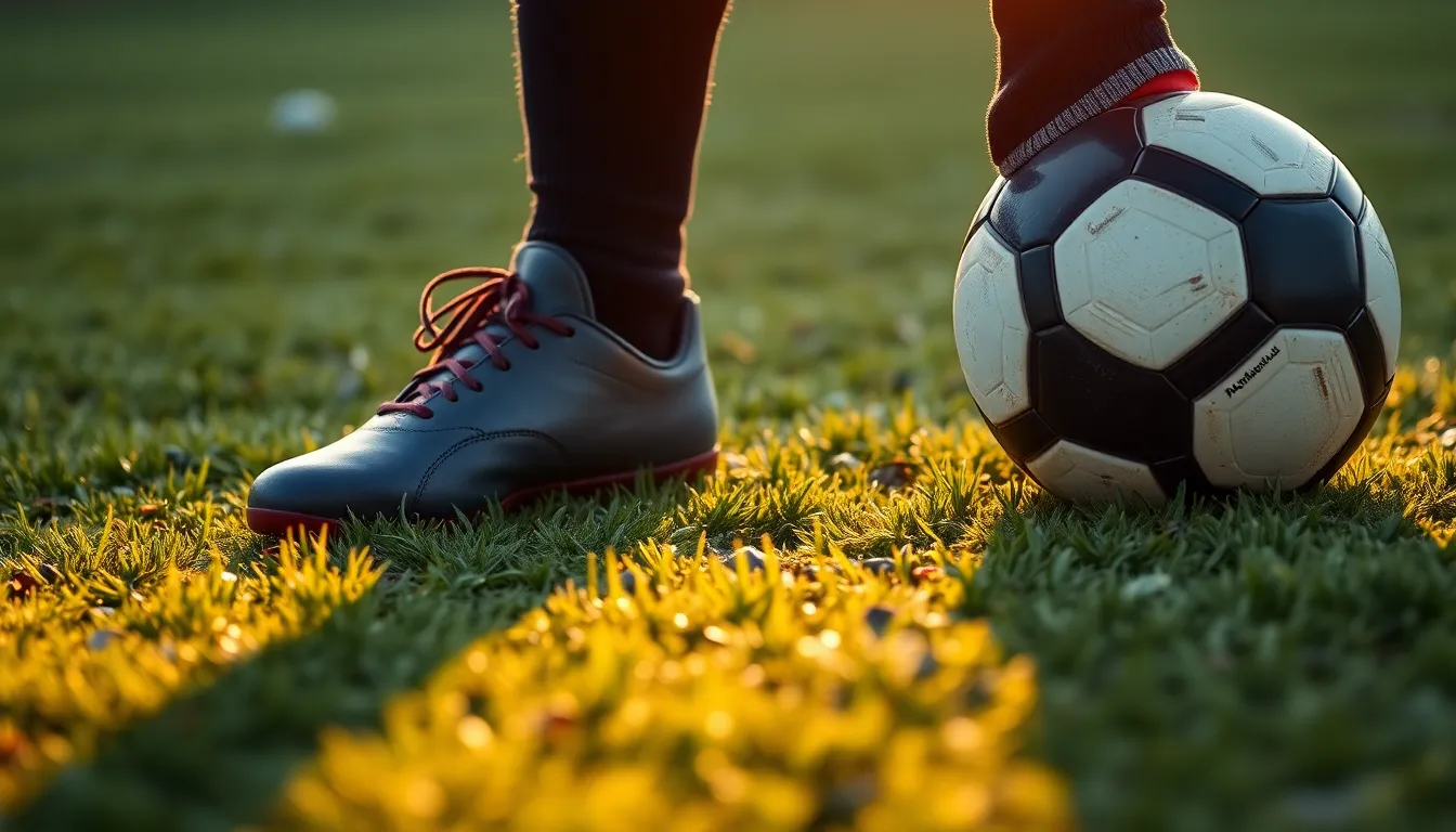 Football boots and a ball on dewy green grass at golden hour