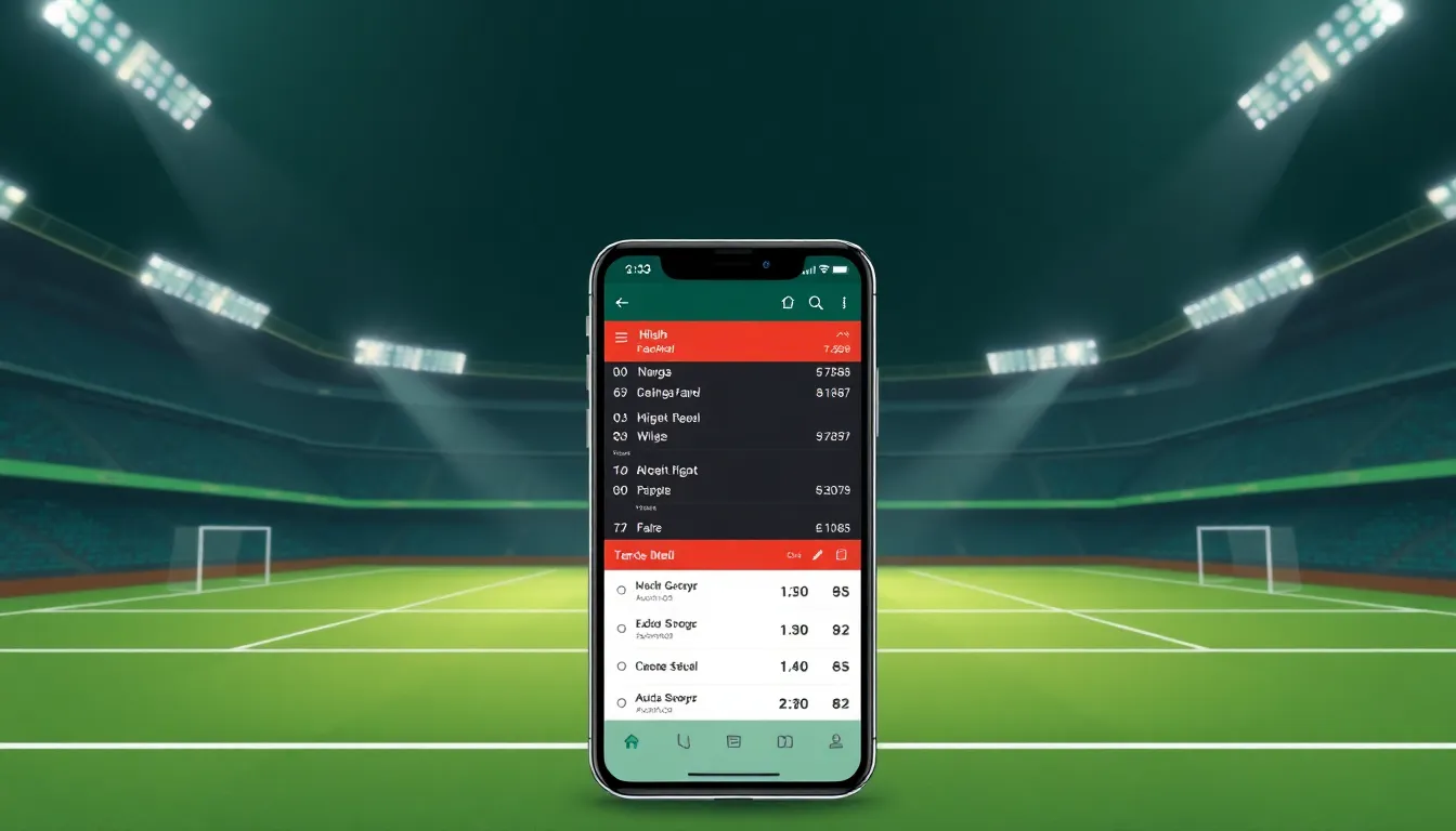 A smartphone showing football betting odds beside a stadium pitch