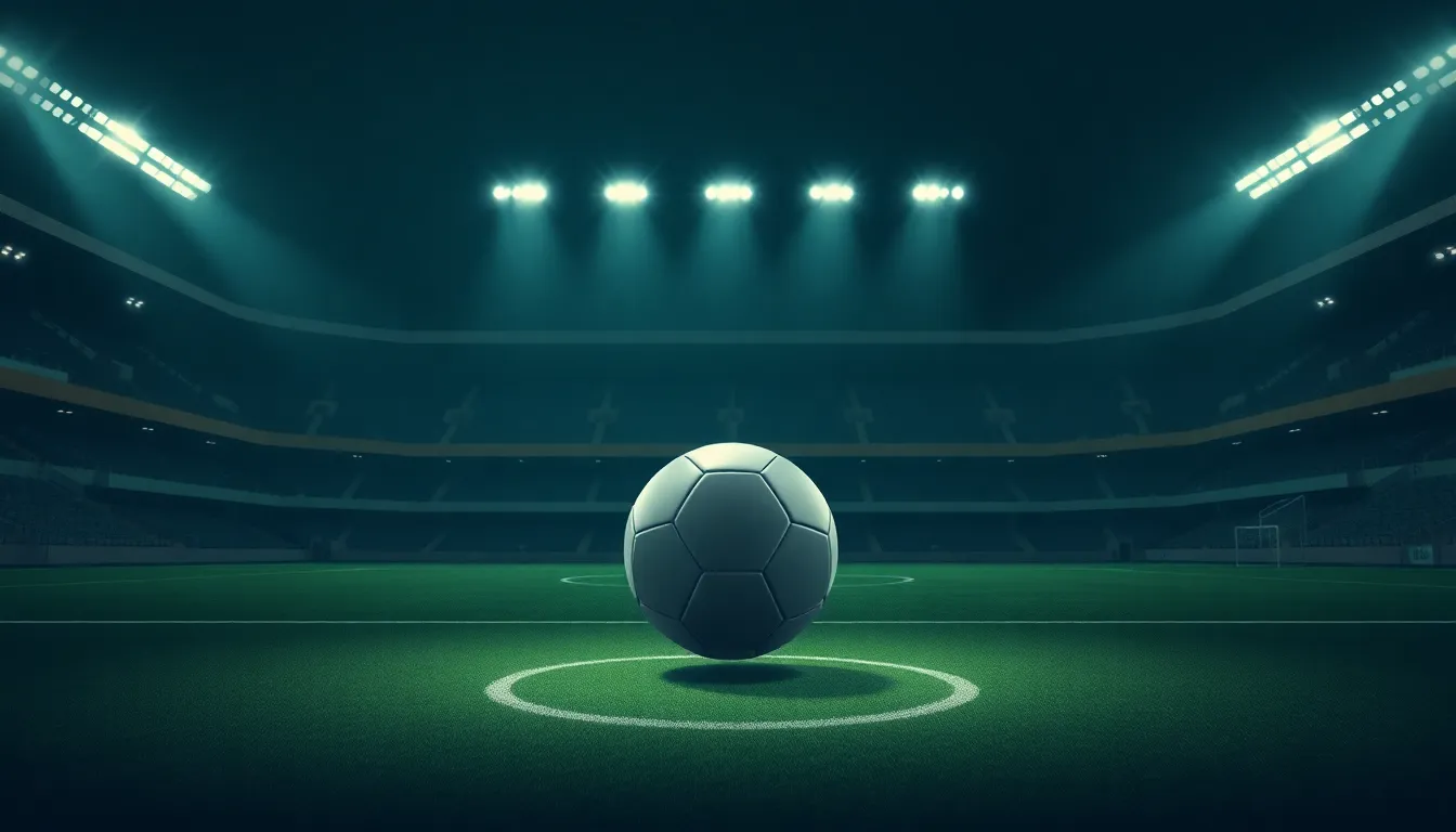 A football on the centre spot of a floodlit stadium pitch